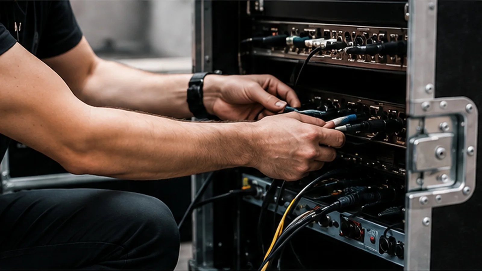 Tecnico durante il cablaggio di attrezzatura audio
